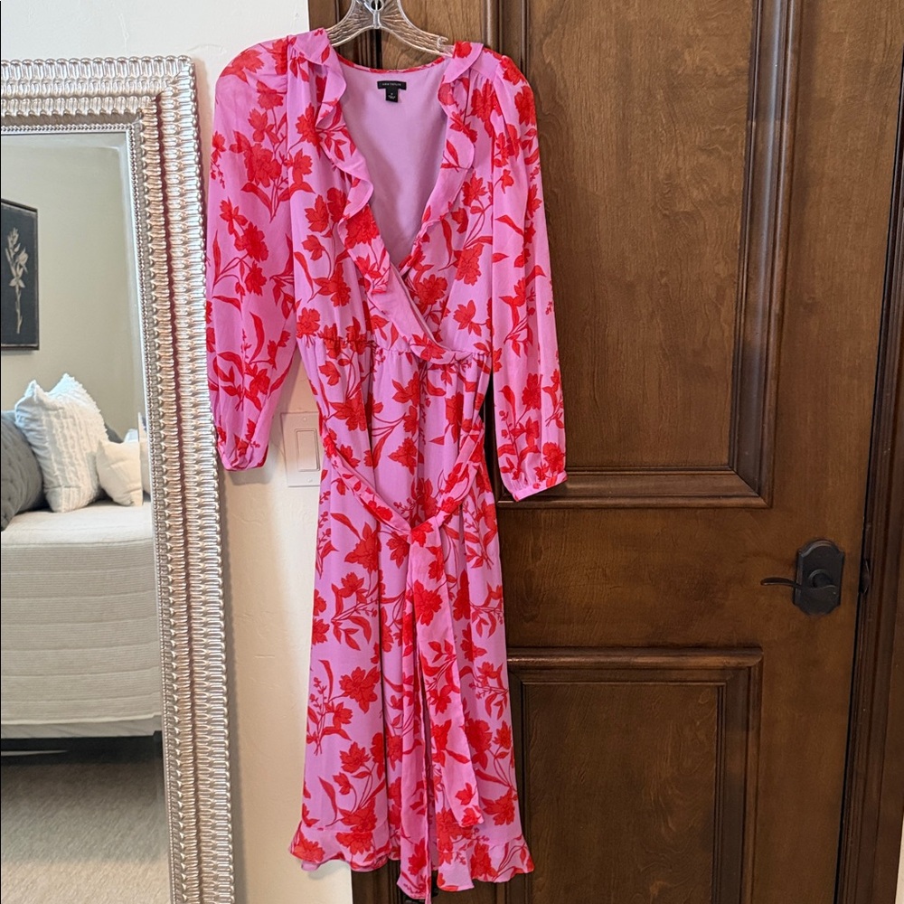 Ann Taylor Pink Midi Wrap Dress with Red Floral Print